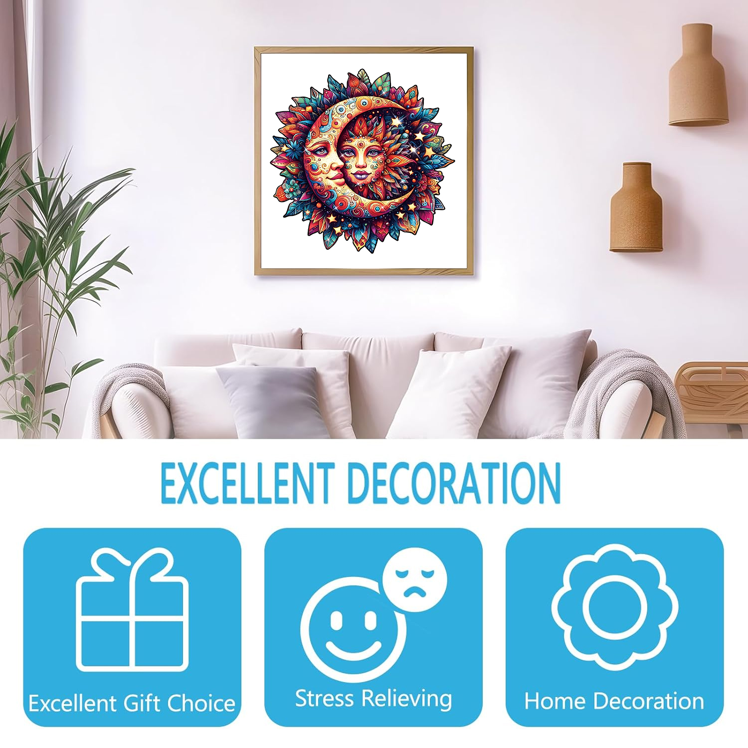 Puzzle in legno Sole e Luna per adulti, pezzi dalla forma unica, confezione regalo raffinata, esercizio per il cervello, decorazione per la stanza, regali per le vacanze