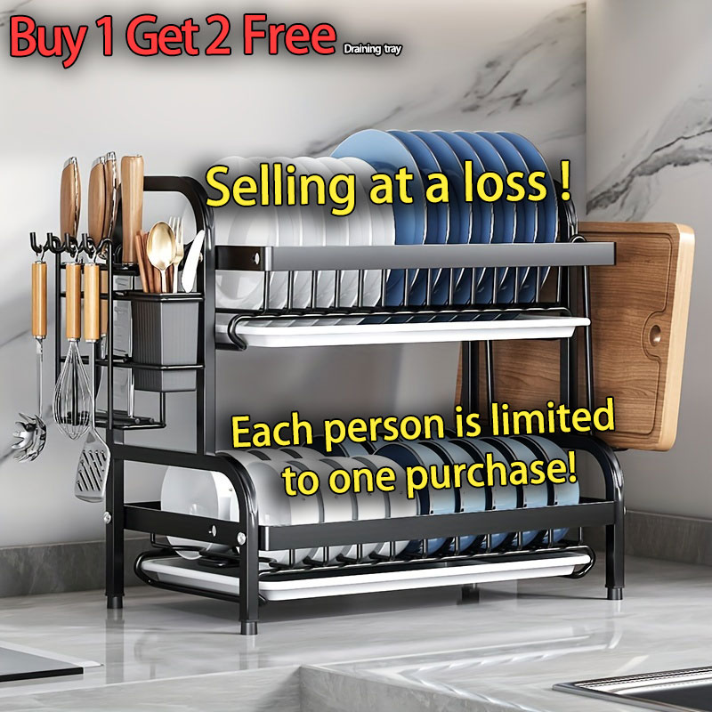 Stainless Steel 2-Tier Dish Drying Rack Large Rust-Proof Compact Kitchen Drainboard With Utensil Holder