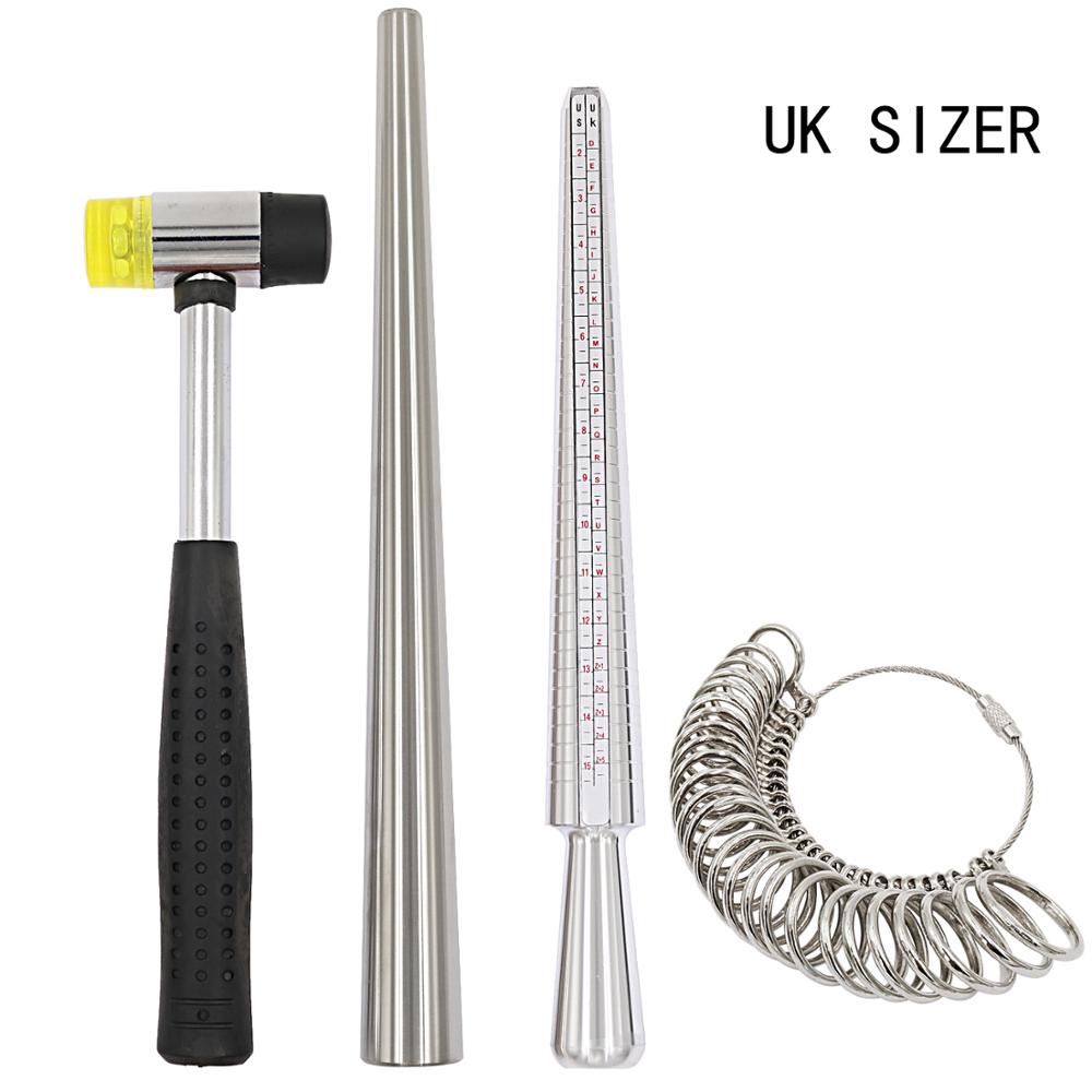 4 Stuks Ring Mandrel Sizer Tool Met Metalen Doorn Finger Sizing Meetstok En Ring Sizer Guage En Rubber Juweliers hamer: UK size set