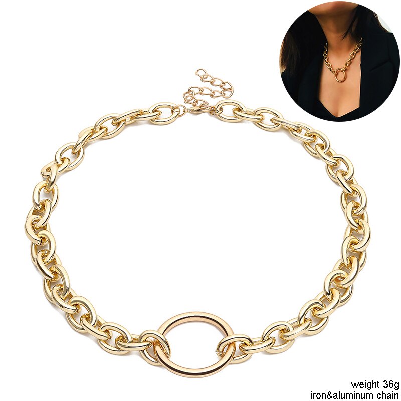 Two Layered Punk Rock Gold Aluminium Chain Choker Necklace For Women Thick Link Collar Clavicle Statement Jewelry Light Weight: N2337-1