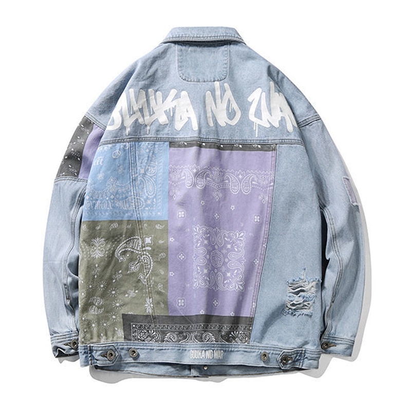 Patchwork Denim chaqueta de abrigo de los hombres de la de las mujeres pañuelo de Hip hop patrón de Paisley vaquero ropa deshilachada pantalones vaqueros rasgados chaqueta
