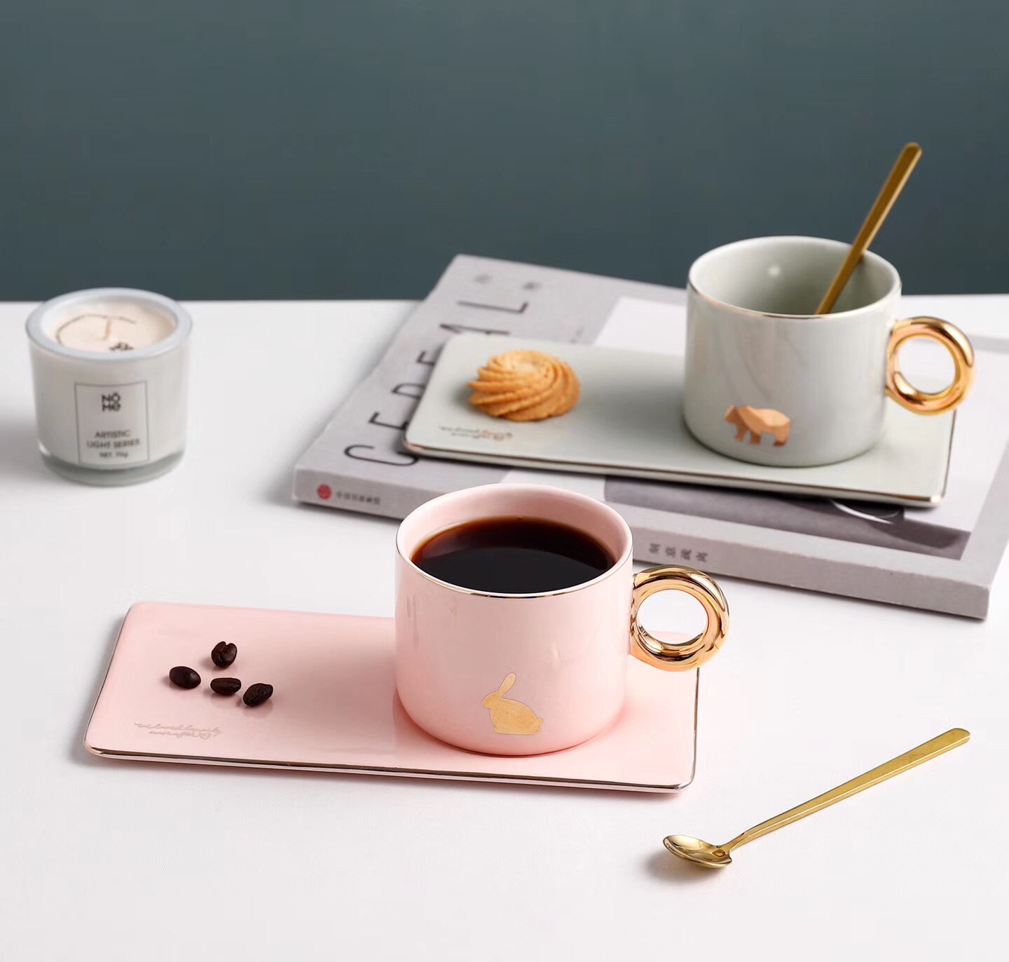 Europæisk luksuriøs guldkant keramik kaffekopper og underkopper ske sæt med æske te sojamælk morgenmadskrus desserttallerken