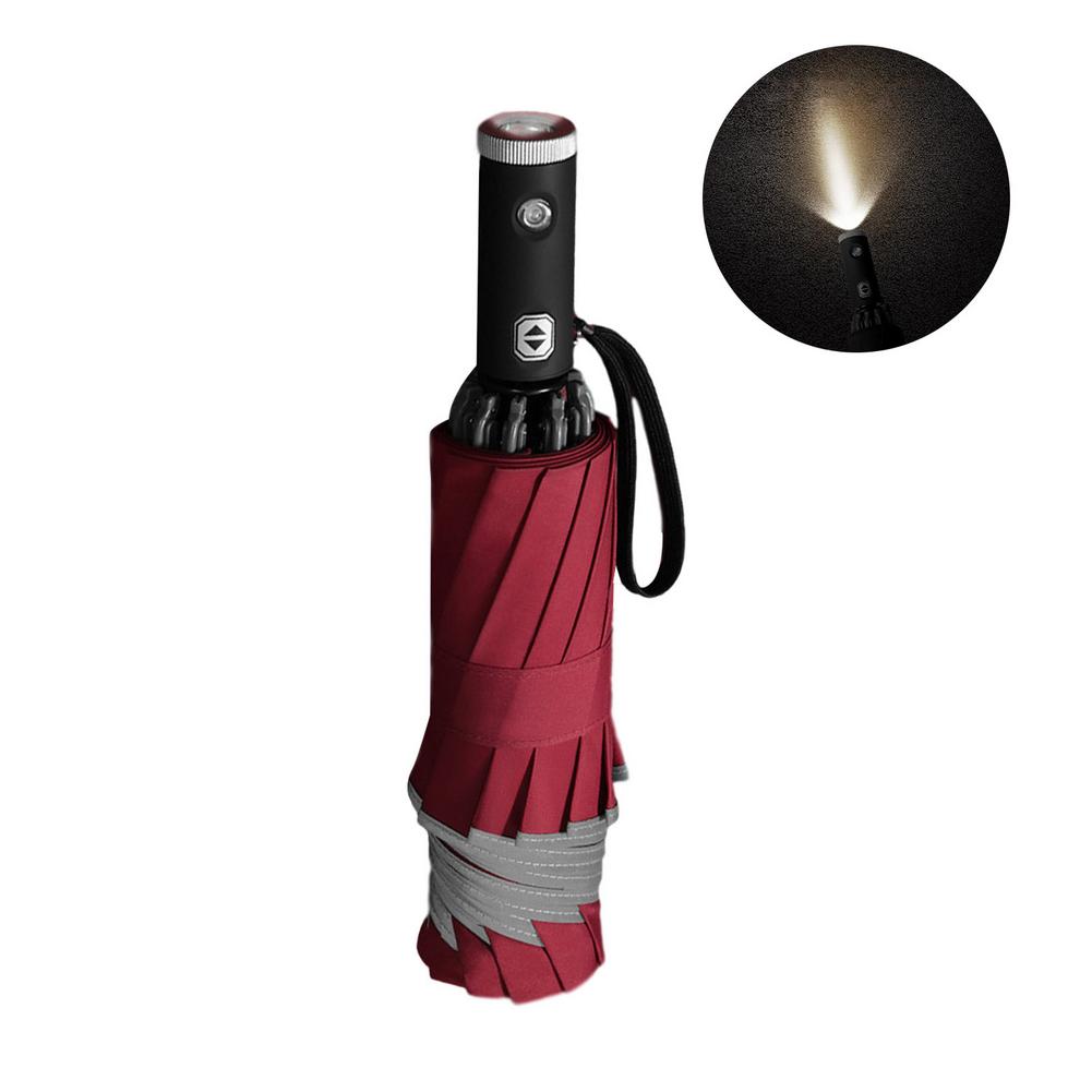 Automatic Reverse Folding Umbrella LED Reflective Strip Automatic Umbrella Flashlight Three-fold Windproof Car Business Umbrella: Burgundy