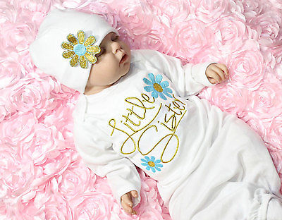 US STOCK 2pcs Cotton Sleepcoat Flower Little Sister Baby Girl SleepcoatComing Home Night-Robe Baby Gown Hat Clothing Set