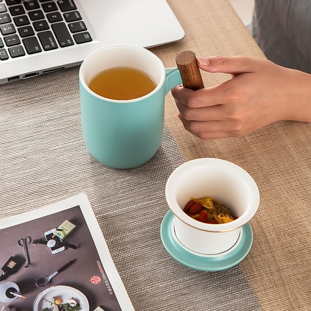 Ceramic Tea Cup Tea Mug with Lid and Infuser with Acacia Wood Handle Coffee Mug: Green