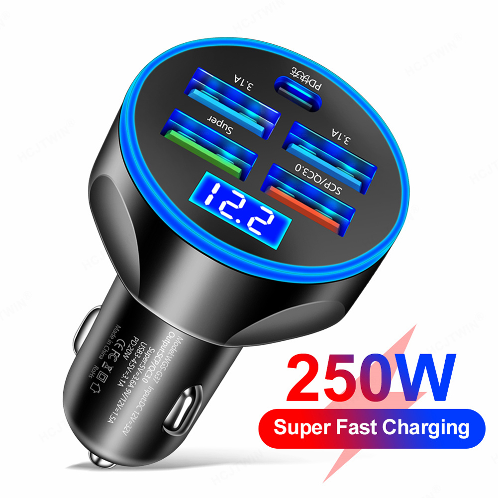 250W PD Autoladegerät 5-Hafen Schnellladung QC 3.0 USB-C Auto-praktisch-Ladegerät Typ-C-Adapter für iPhone Xiaomi Huawei: WEISS
