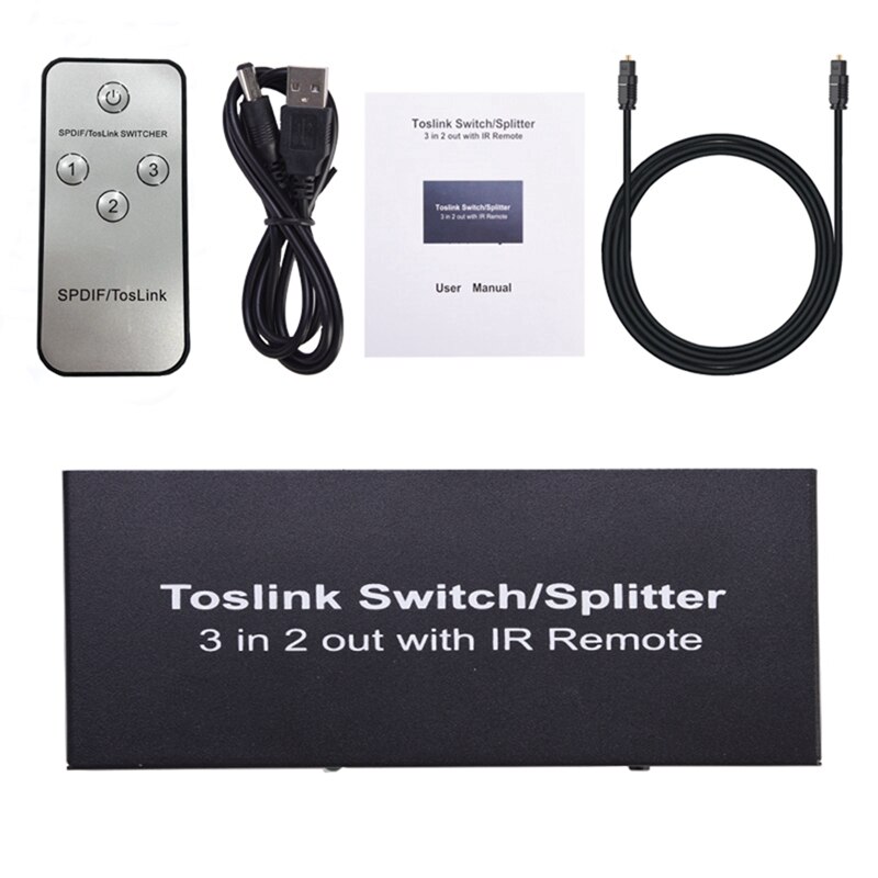 Conmutador óptico de 3 puertos con divisor de Audio Digital óptico Spdif Toslink de 2 vías, 3 en 2, con interruptor de Control remoto IR