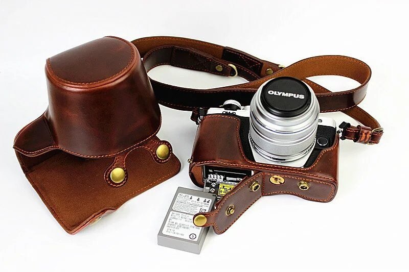 Luxury PU Leather Camera Case Cover for Olympus OMD EM10 II EM10 Mark II (14-42mm Lens) Open battery With Strap