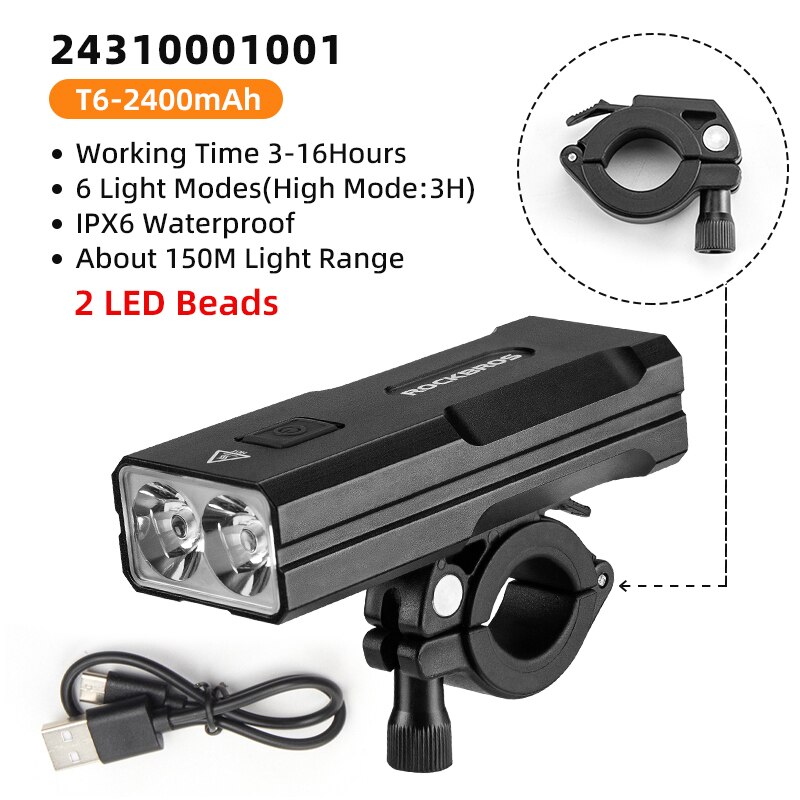 ROCKBROS LED Bicycle Light 10000mAh Power Bank Bike Front Lights Cycling Flashlight MTB Headlight Lamp luz bici Front Bike Light: 24310001001-2400mah