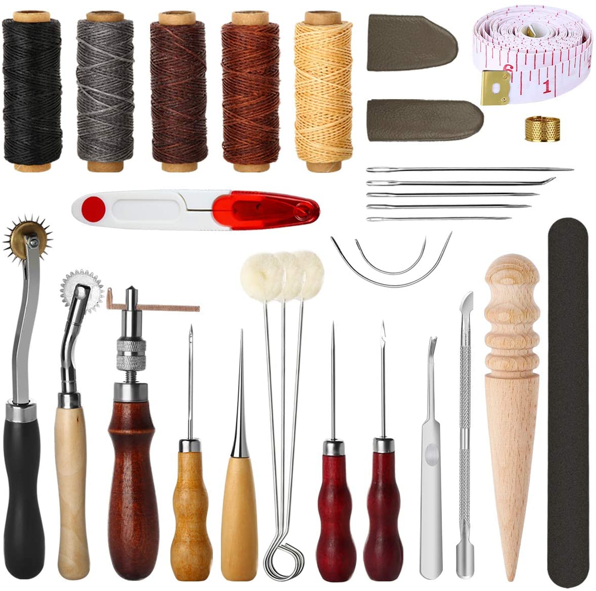 Outils de travail du cuir, poinçon biseauté, cordes de cire, aiguilles pour couture, poinçonnage, coupe, couture, fabrication artisanale du cuir: 31pcs