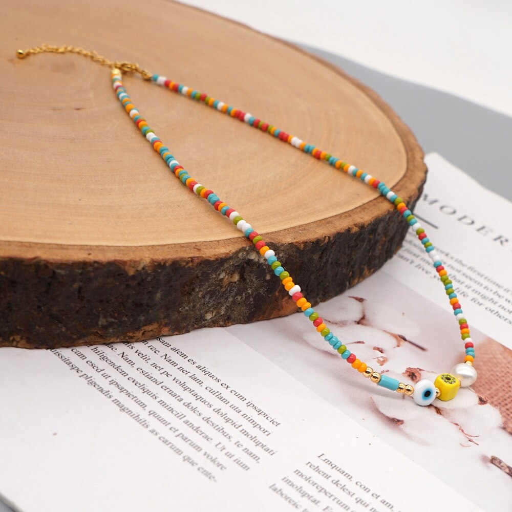Go2Boho Evil Eye Necklace On Neck Boho Rainbow Seed Beads Pearl Necklaces For Women Jewelry Accesorios Mujer Choker