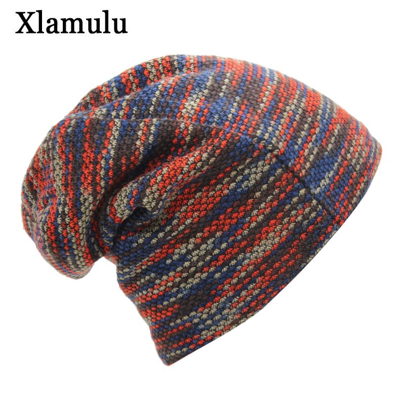 Stickad mössa vintermössa för kvinnor män skullies mössor mask randig mössa gorros huva varm baggy mjuk tjock bräddlös #39