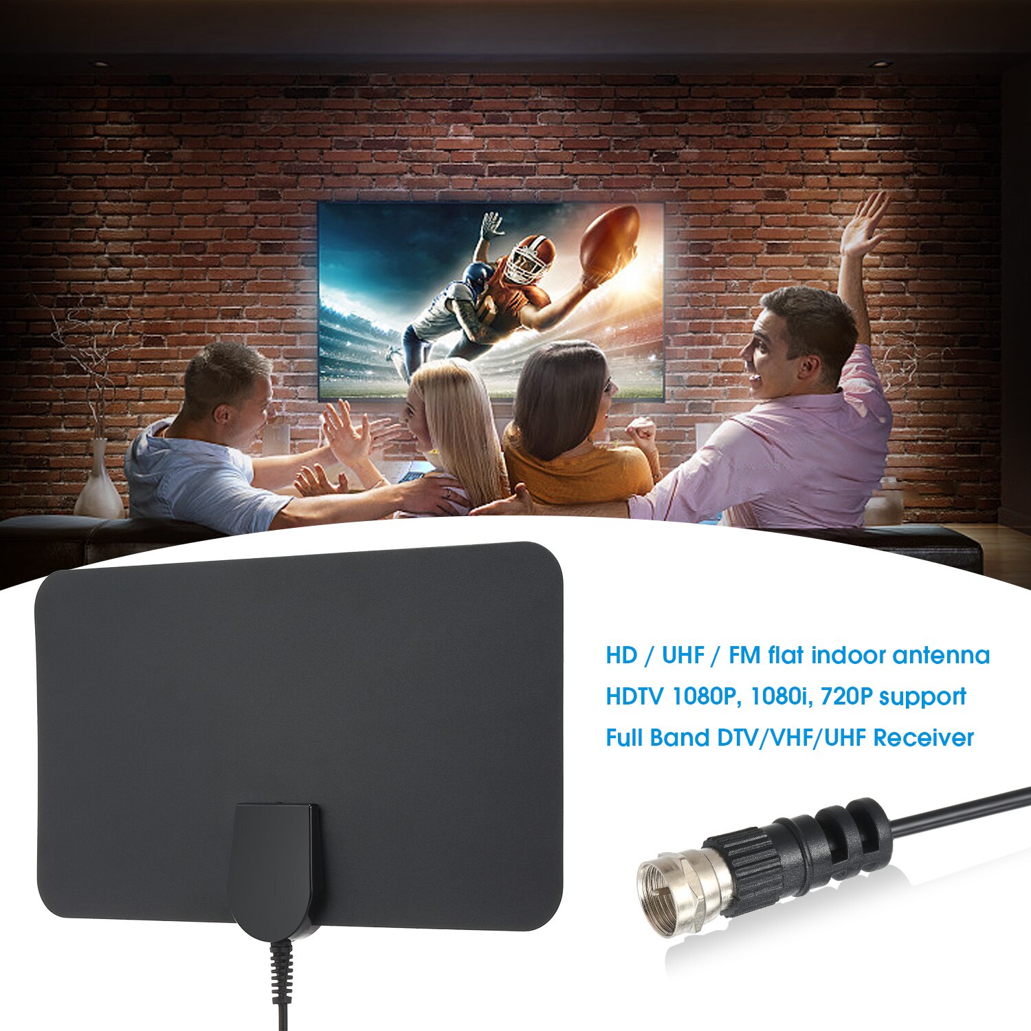 Indoor Digital TV Antenna HD Signal Flat Panel UHF FM HDTV Antenna Signal Receiver Black Home Digital TV Antenna