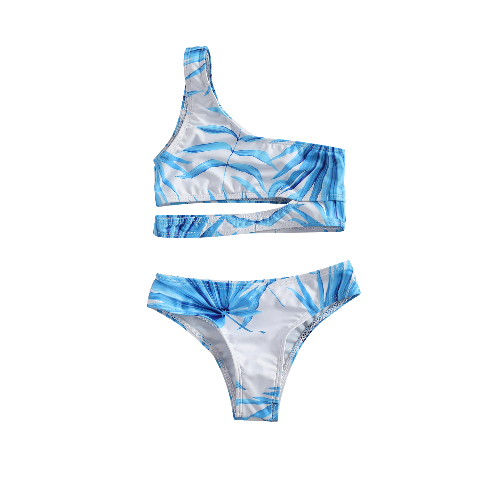 Girls Two-piece Cut Waist Swimming Clothes Set, Blue Sleeveless One-shouldered Crop Top + Shorts, 6-13 Years