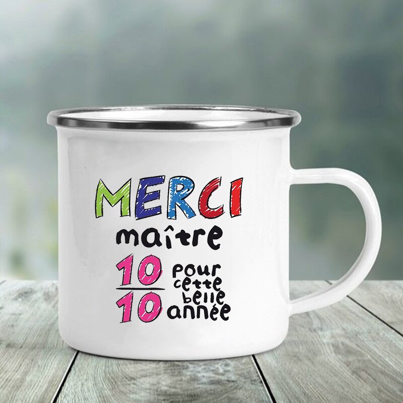 Merci maître tryck muggar kaffekoppar drycker vatten mjölk tekopp emaljmugg skola hem handtag drinkware bästa lärare: Xh3904-a015wh-8