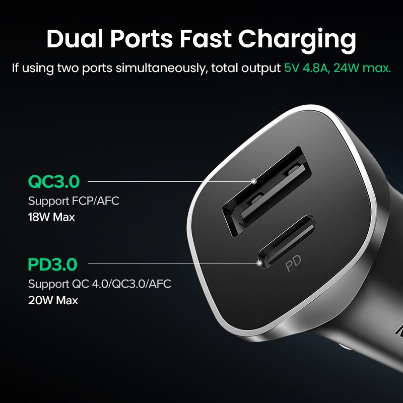 UGREEN PD Car Charger Quick Charge 4.0 3.0 QC USB Charger for Xiaomi QC4.0 QC3.0 20W Type C PD Car Charging for iPhone 13 12 Xs