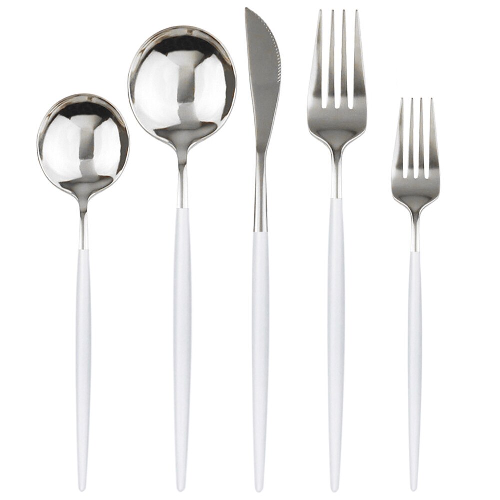20 st färgglada bestick set guld bestick set dessert gaffel sked 304 rostfritt stål servis set glänsande kök servis set: Vitt silver