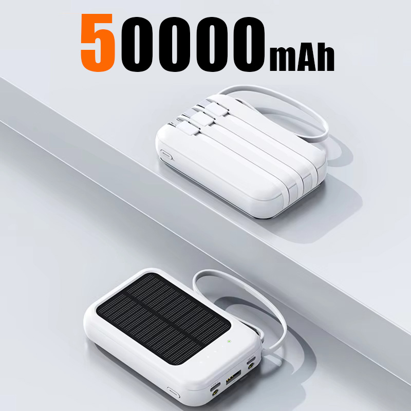 50000 mah solcelle-powerbank hurtigopladende led-lys med 4 kabler type-c multiport udendørs bærbar mobil ekstern strømforsyning: Sølv