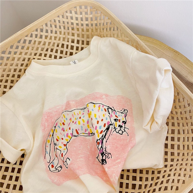 Mærke børn t-shirt til piger og drenge baby børn tøj leopard tegning hvid t-shirt tøj til pige sommer børn top tøj
