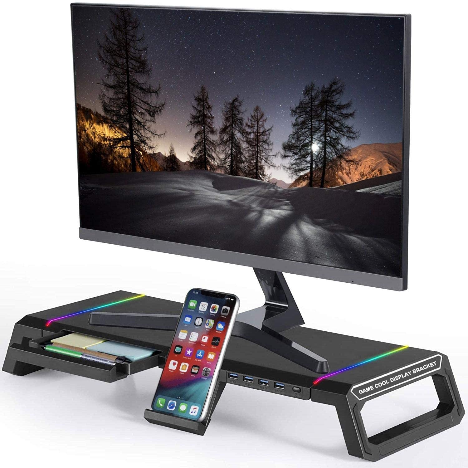 Monitor Stand Riser Foldable, RGB Computer Monitor Riser with 4Pcs USB Port, with Cell Phone Holder