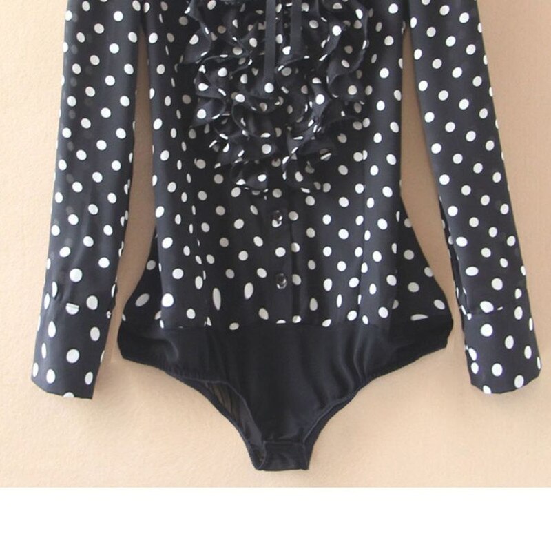 Body noir imprimé à pois pour femme, chemise à manches longues, à volants, style coréen, à la , barboteuse, haut,