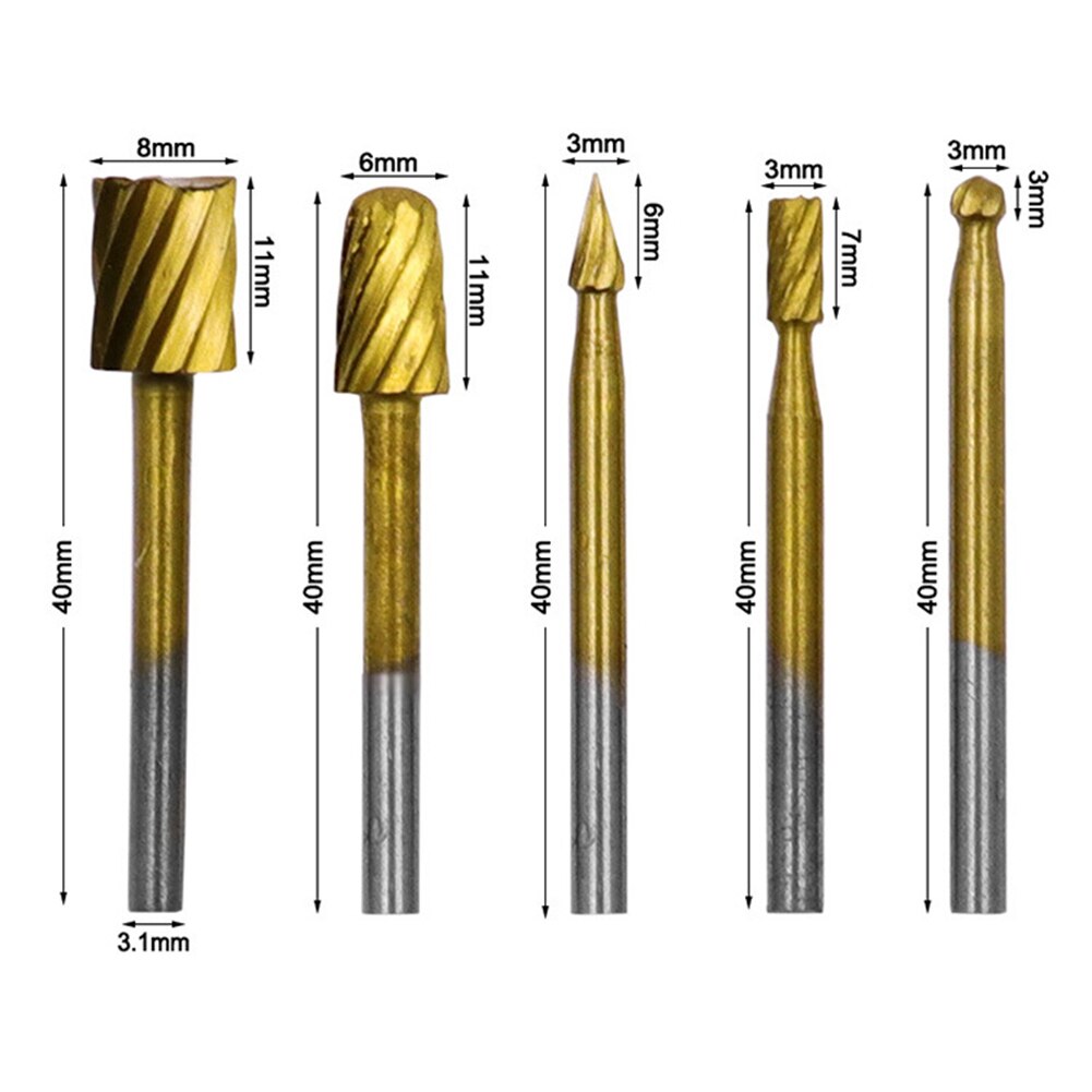 5 stuks 6.3mm sets hss titanium dremel frees roterende frees roterende vijl houtsnijwerk snijmes gereedschap accessoires