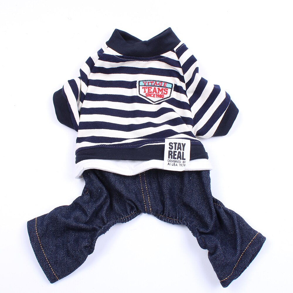 Classic Striped Pet Jumpsuit Dog Hoodie Denim Pants Cat Puppy Coat Jacket Autumn/Spring Clothes Apparel: Navy Blue / M