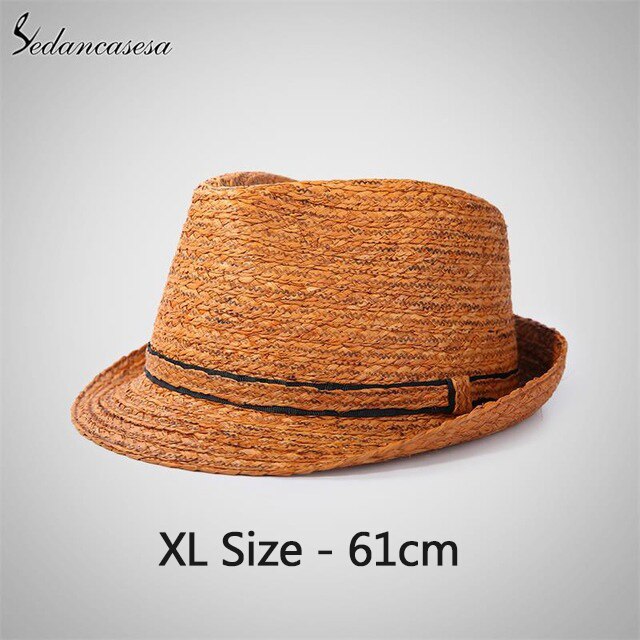 Classic men raffia straw hat summer UV protection sun hats for man fedora cap unisex beach cap trilby 57-59cm: red brown 61cm