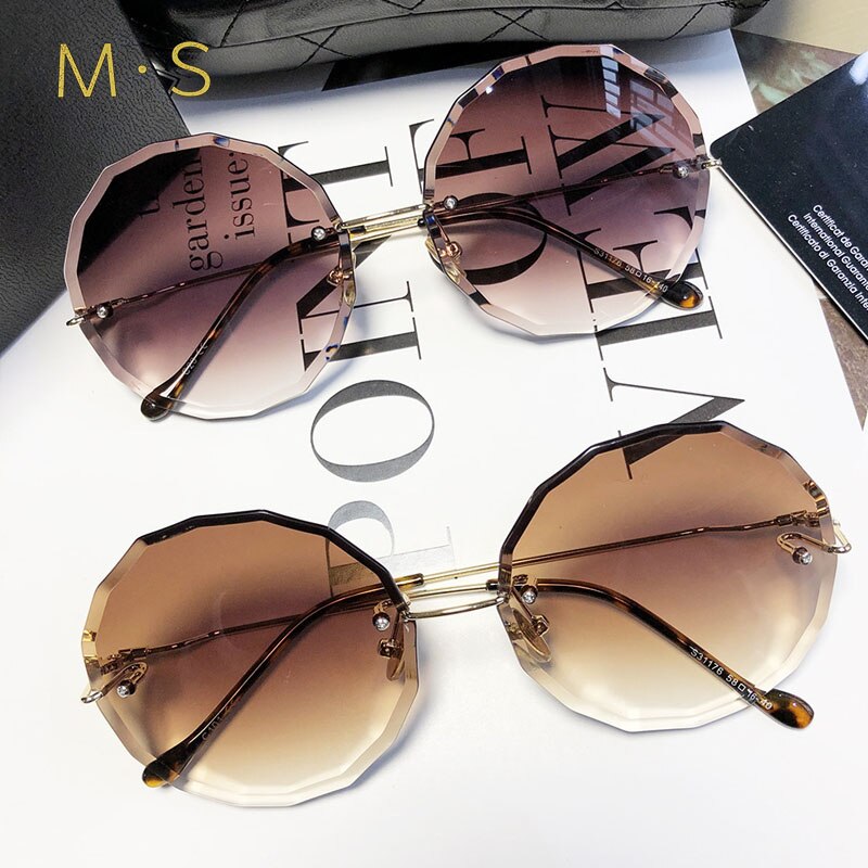 round sunglasses women oversized eyewear gradient brown pink rimless sun glasses for female uv400