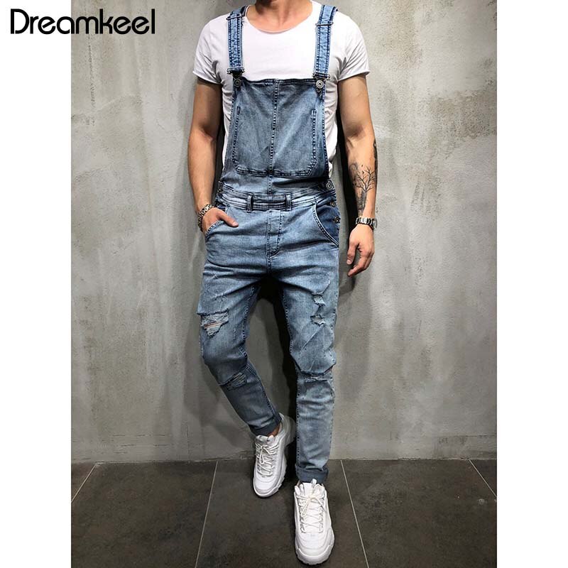 Mænd denim snedker overalls afslappede bukser løse bukser smækbukser herre hip hop jumpsuit smækbukser dreamkeel mærke y: M / Blå
