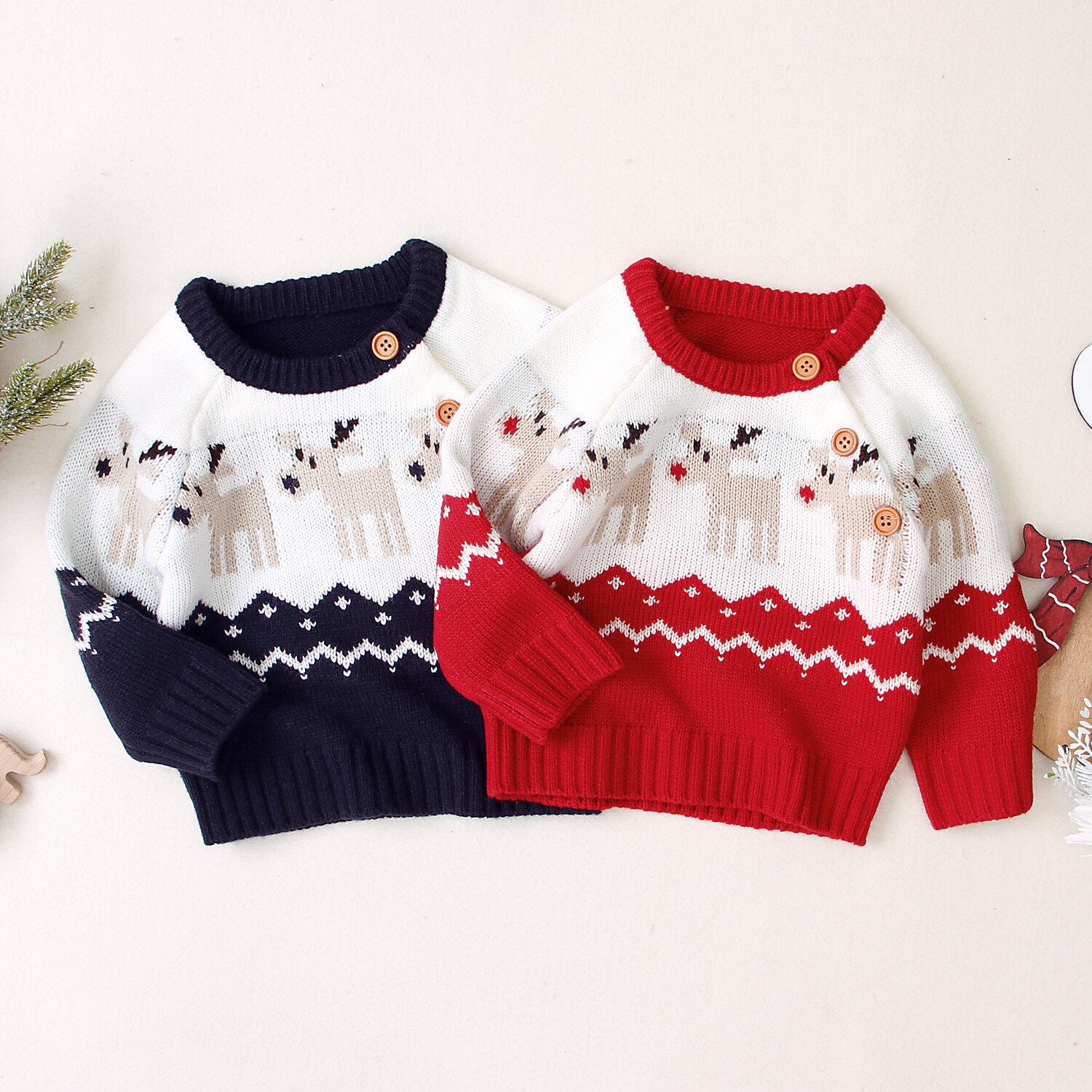 God jul nyfødte baby piger drenge strikkede trøjer langærmet knap tegneserie varm efterår vinter toddler xmas tøj