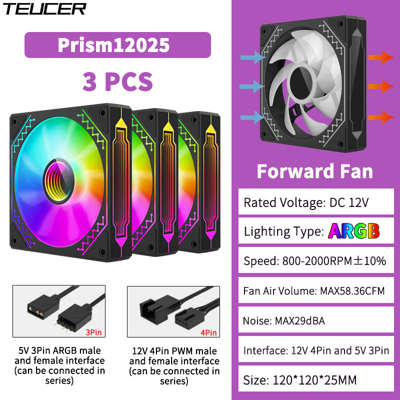Teucer prism 12025 pc kabinetblæser 120mm 5v 3- pins argb cyklisk spejllyseffekt pwm 800 to 2000 rpm køleblæsersæt 3 stk.