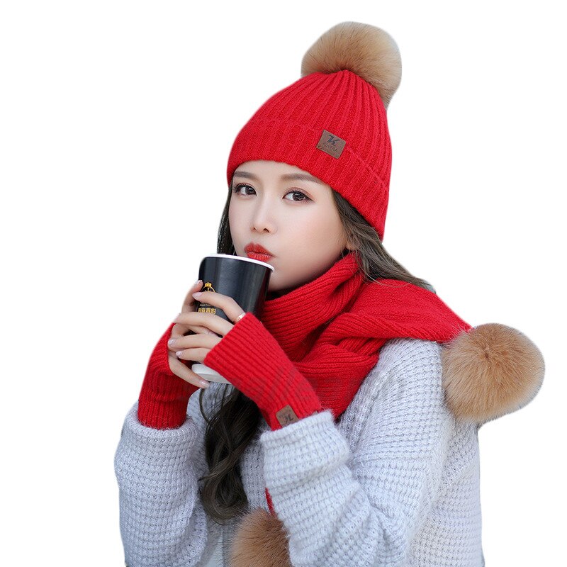 Meisjes warme 3- delige sets wintermutsen sjaal handschoenen voor dames dikke katoenen winteraccessoires set dames muts sjaal handschoenen