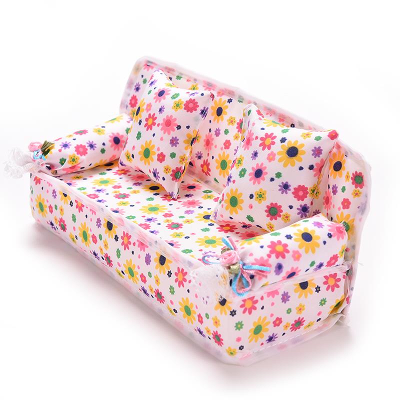 1Set Mini Poppenhuis Meubels Bloem Doek Sofa Couch Met 2 Volledige Kussens Voor Poppenhuis Speelgoed