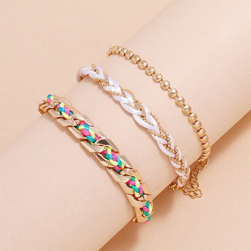 3 Pcs/Set Women Colorful Braided Leather Anklets Set By Chain Gold Bead Multilayer Adjustable Anklet for Women Beach Jewelry