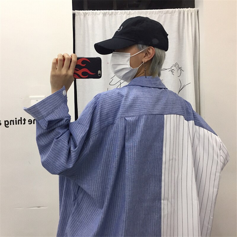 Mænd stribe patchwork oversize skjorte koreansk stil afslappet bluse unisex vintage punk hip hop plus size langærmede skjorter