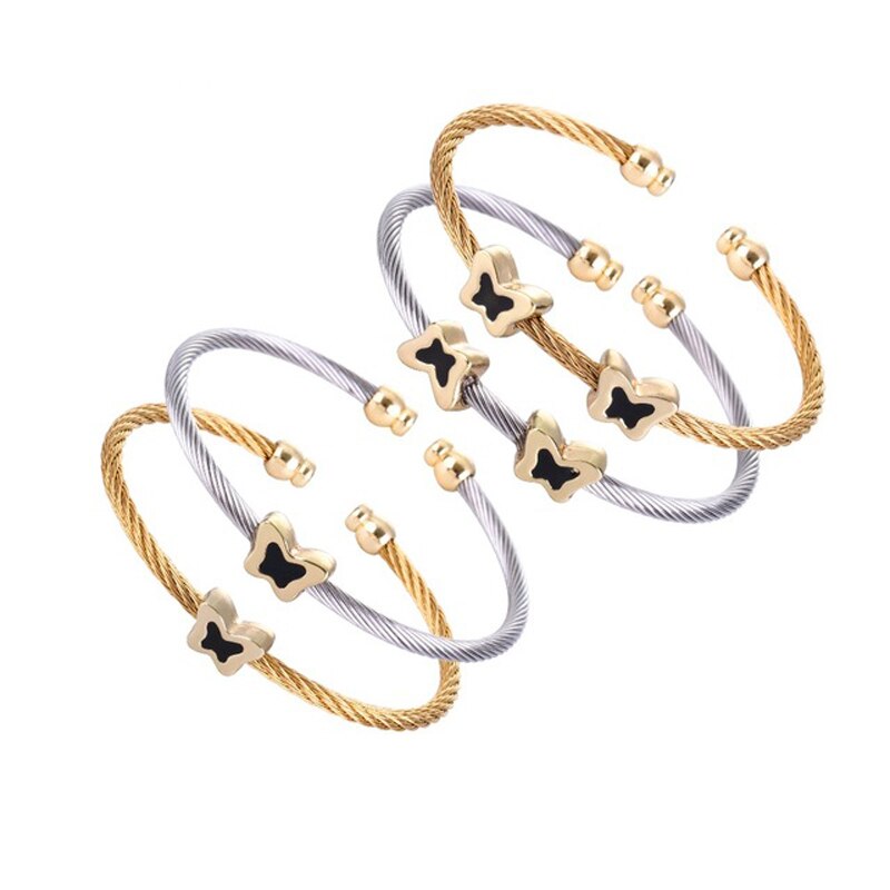 Chran Enamel Animal Designs Double Butterfly Stainless Steel Cable Bangle Jewelry Accessories