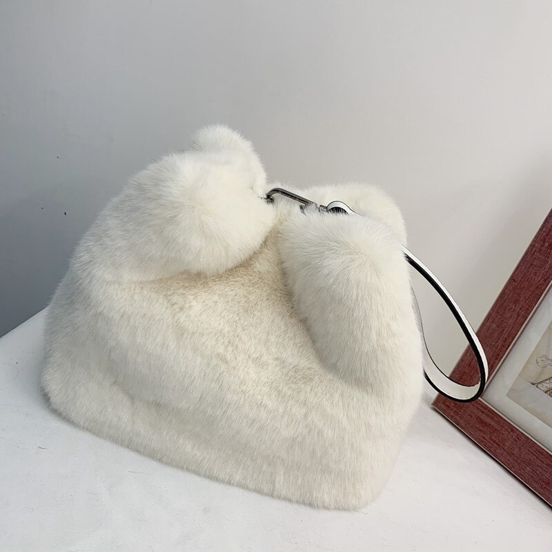 Mode Vrouwen Faux Nertsen Bont Handtassen Zachte Pluche Effen Dames Schouder Emmer Zakken Vrouwelijke Avond Clutch Portemonnee Messenger Bag: White