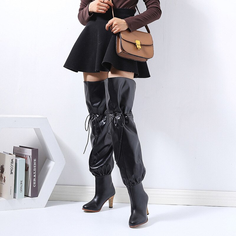 hiver femmes bottes à lacets Long Tube bottes confortable bout rond à talons hauts en polyuréthane sur le genou femmes bottes