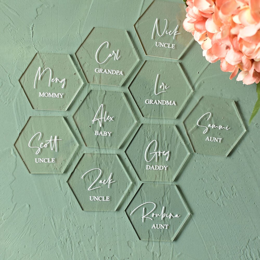 20Pcs Hexagon Clear Acryl Naamkaartjes Diy Blank Zitplaatsen Kaarten Voor Bruiloft Pary Banket Tafel Escort Nummers Platen Gast namen