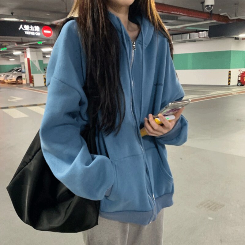 Sudaderas con capucha de las mujeres carta Oversize con capucha prendas de vestir exteriores Zip-adolescentes otoño Ins Popular cremallera estilo coreano de mujer diario básico Simple