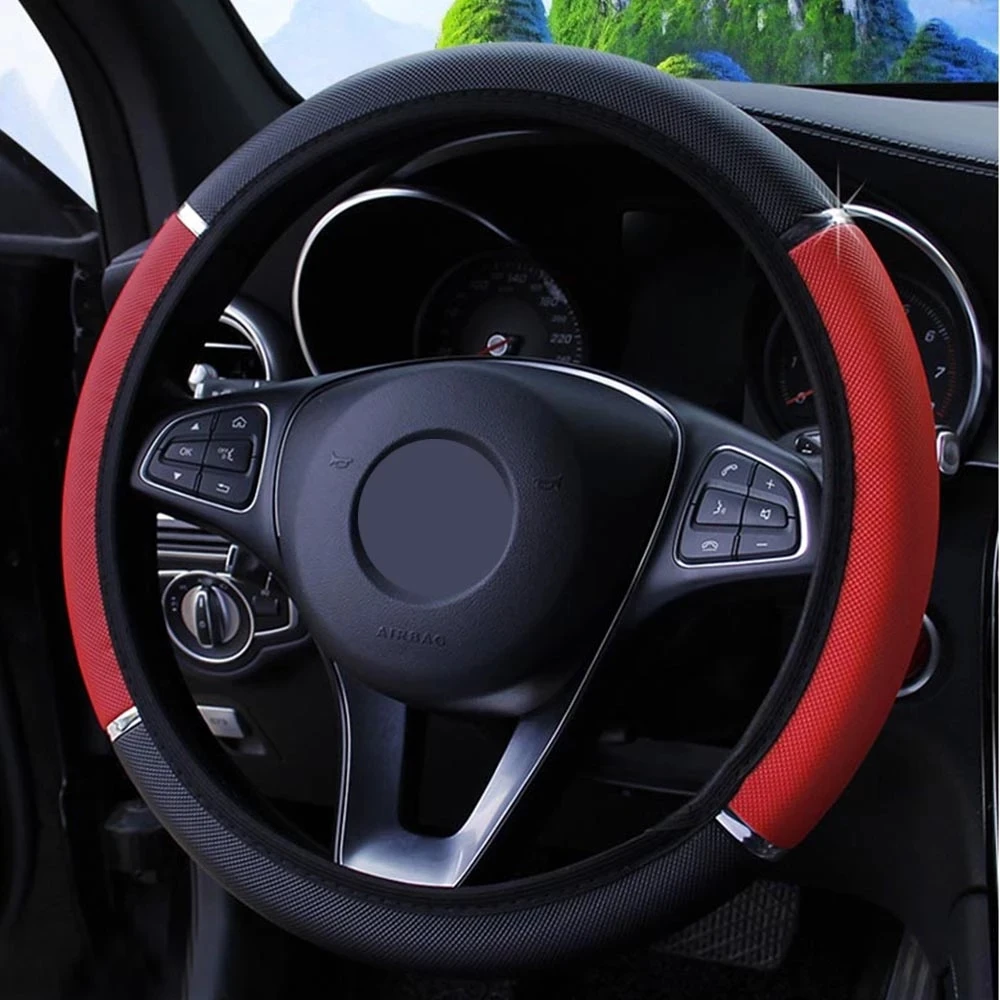 Universal Car Steering Wheel Cover Metal Strip Anti Slip Pattern Faux Leather Covers for 37 - 38cm Diameter Auto Steering Wheel: black