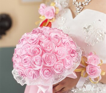 Mooie Paars Bruidsboeket Handgemaakte Bridal Bloem Bruidsboeketten Kunstmatige Parels Bloem Roos Boeket roze paars wit: Roze