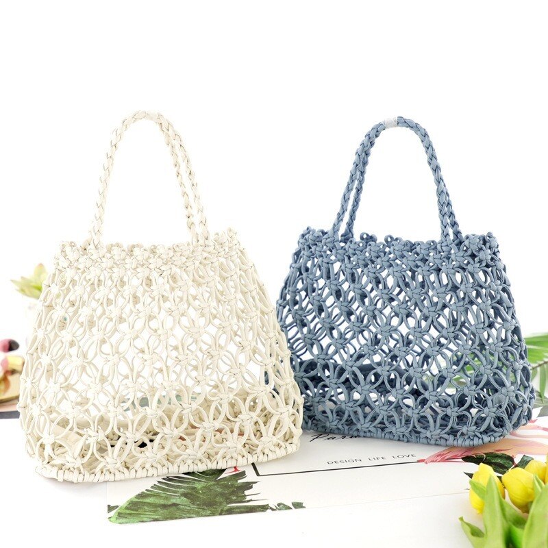 copper coin buckle handmade PU woven bag hand grid cutout straw bag casual woven bag