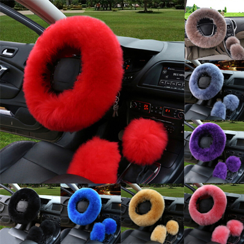 Bil lang plys varm rattæppe uld håndbremse universal 3 stk / sæt kunstig pels auto interiør ratdæksler