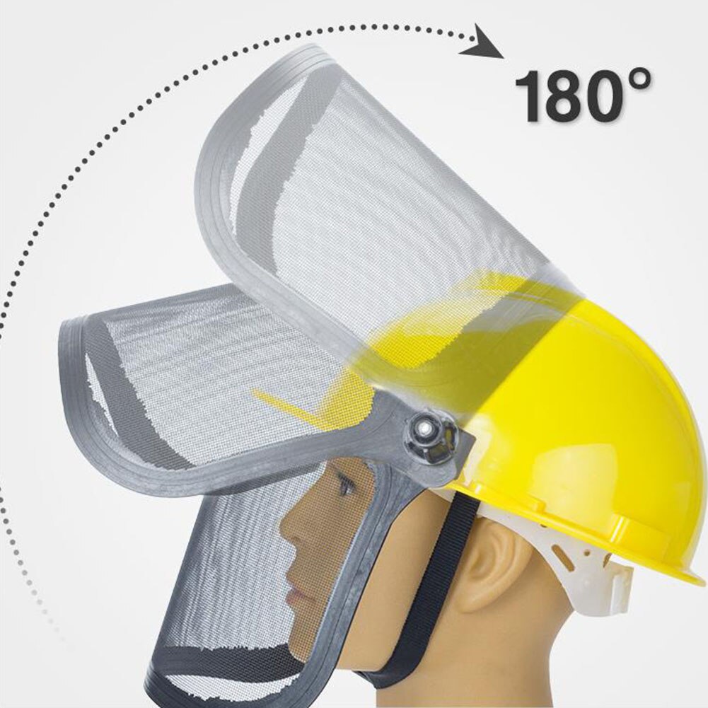 Helmaskig nät grästrimmer hjälm utomhus skyddsmask metall visir arbetsplats trädgård hörselskydd 180 grader justerbar