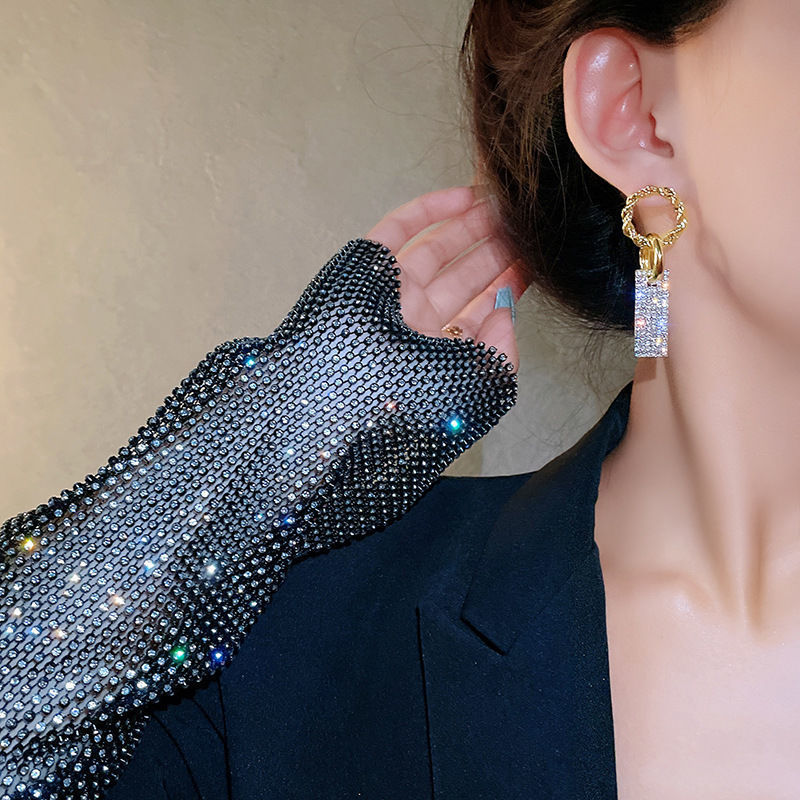 France Style Women's Luxury Zircon Square Pendant Earrings Gold Color Round Shiny Earrings For Women Trendy Jewelry