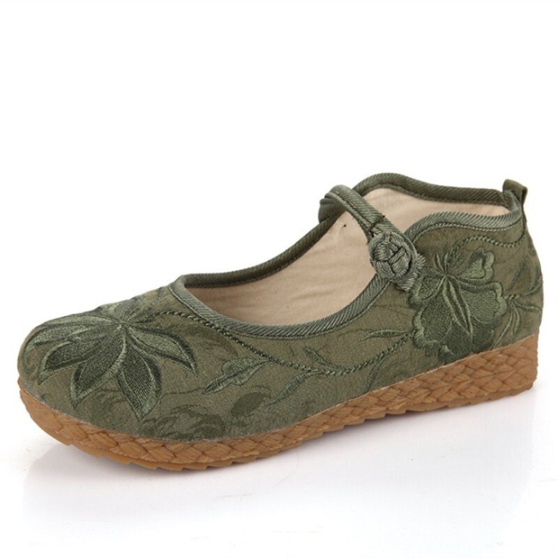 The Flat cloth Women shoes comfortable soft bottom retro elderly embroidered leisure Women's shoes national style: Army Green / 5
