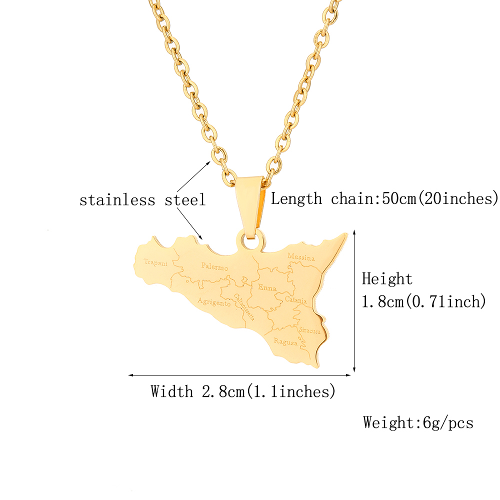 Collar con colgante de mapa y ciudades de Italia, acero inoxidable para mujeres y hombres, Color dorado y plateado, joyería italiana de Sicilia