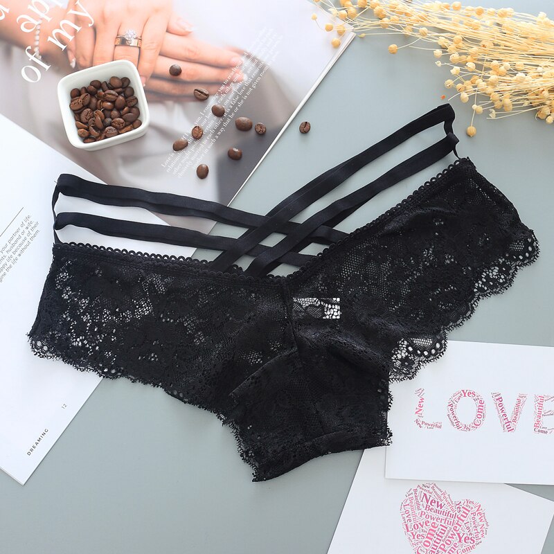 Lace Panties Women Sexy Lingerie Underwear Cross Strap Transparent Underpants Female Solid Briefs: Black